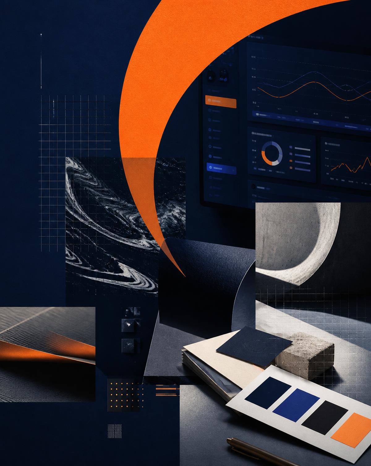Art direction composition: brand identity swatches, campaign analytics and an orange brand arc